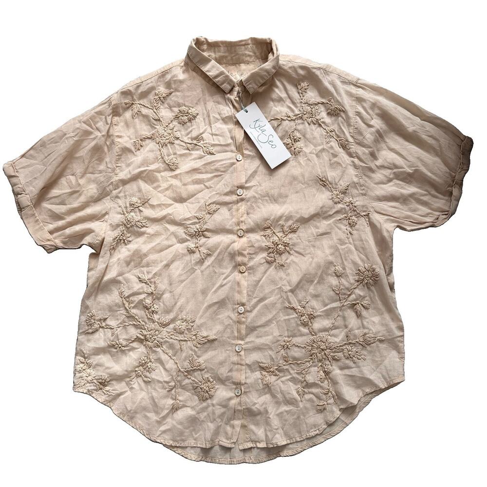 New Kyla Seo Kady Shirt Blouse Women’s L Large Short Sleeve Bone NWT $106